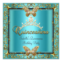 Quinceañera 15th Teal Blue Gold Butterfly Personalised Invite