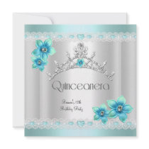 Quinceanera 15th White Teal Blue Silver Tiara Announcements
