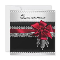 Quinceanera Red Bow Black Pearl Lace Diamond Custom Invite