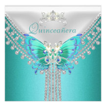 Quinceañera Teal Blue White Butterfly Diamond Personalised Announcement