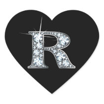 "R" Diamond Bling on Black Heart Sticker