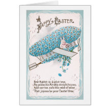Rabbit Piloting Blue Flower Plane Vintage Easter Cards