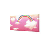 Rainbow and buildings on clouds stretched canvas print