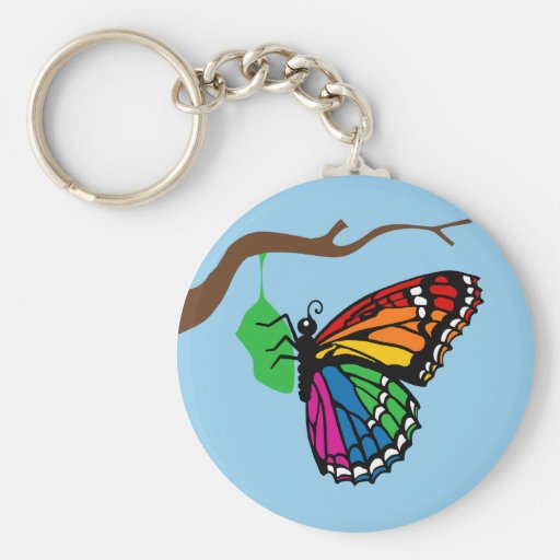 Rainbow Butterfly Emerging From Chrysalis Keychains