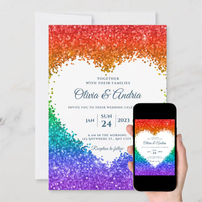 Rainbow Glitter Heart Frame Gay Pride Wedding Invitation Zazzle