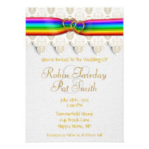 Rainbow Ribbon Double Hearts  Wedding Invitation 1