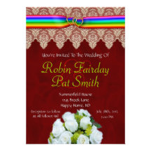 Rainbow Ribbon Double Hearts Wedding Invitation 13