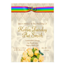 Rainbow Ribbon Double Hearts Wedding Invite 12C