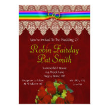 Rainbow Ribbon Double Hearts Wedding Invite 13B