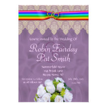 Rainbow Ribbon Double Hearts Wedding Invite 15B