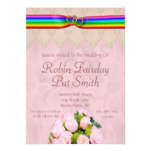Rainbow Ribbon Double Hearts Wedding Invite 15C