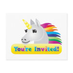 rainbow unicorn party invite on blue You're invite postcards