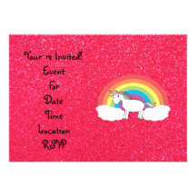 Rainbow unicorn pink glitter custom invitations