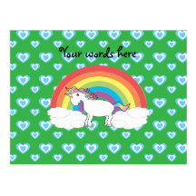 Rainbow unicorn with blue hearts on green post cards