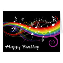 Rainbow White Music Notes Happy Birthday Card