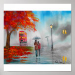 Rainy day autumn red bus umbrella painting poster