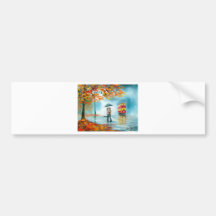 Rainy day autumn red tram umbrella romantic couple bumper stickers