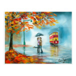 Rainy day autumn red tram umbrella romantic couple post cards
