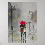 Rainy day autumn red umbrella romantic couple posters