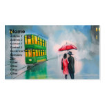 RAINY DAY RED UMBRELLA tram street scene PAINTING Business Cards