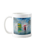 RAINY DAY RED UMBRELLA tram street scene PAINTING mugs
