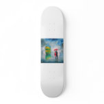 RAINY DAY RED UMBRELLA tram street scene PAINTING skateboards