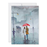 Rainy day romantic couple red umbrella painting invitations