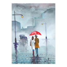 Rainy day romantic couple red umbrella painting custom invite