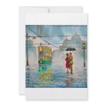 rainy day romantic couple umbrella tram painting custom invite