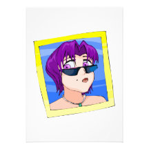 Ran has short green hair purple eyes and sunglasse announcements
