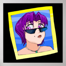 Ran has short green hair purple eyes and sunglasse posters