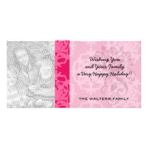 Raspberry and pink damask personalised photo card