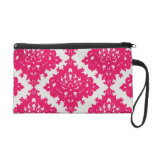 raspberry pink diamond damask on white wristlet clutches