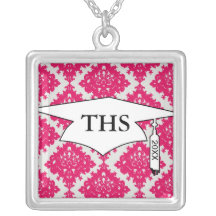 raspberry pink diamond damask on white personalised necklace