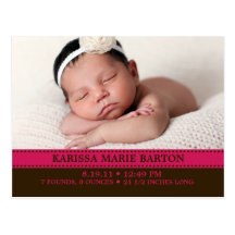 Raspberry Simply Charming Photo Birth Announcement Postcards