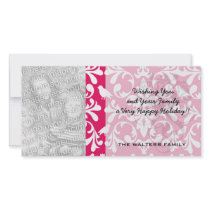 raspberry white bird damask photo cards