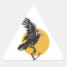 Raven Perching on Branch Retro Triangle Sticker