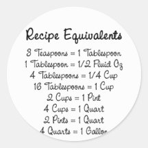 Recipe Equivalents Kitchen Helper Round Stickers