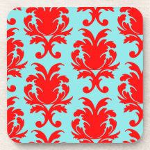 red and aqua lovely formal damask beverage coaster