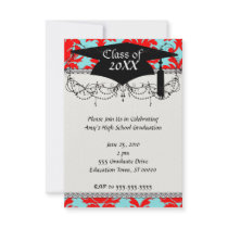 red and aqua lovely formal damask personalized invitations
