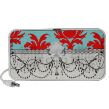 red and aqua lovely formal damask iPod speaker