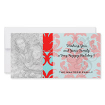 red and aqua lovely formal damask customised photo card