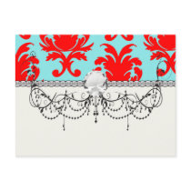 red and aqua lovely formal damask post cards