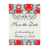red and aqua lovely formal damask postcard