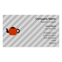 Red and black teapot design, on grey stripes. business card template