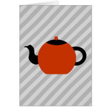 Red and black teapot design, on grey stripes. greeting card
