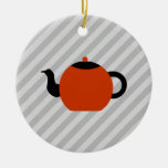 Red and black teapot design, on grey stripes. ornaments