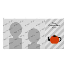 Red and black teapot design, on grey stripes. customized photo card