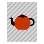 Red and black teapot design, on grey stripes. postcards