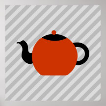 Red and black teapot design, on grey stripes. posters